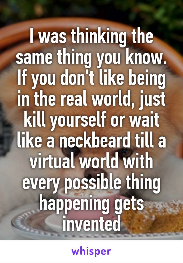 I was thinking the same thing you know. If you don't like being in the real world, just kill yourself or wait like a neckbeard till a virtual world with every possible thing happening gets invented