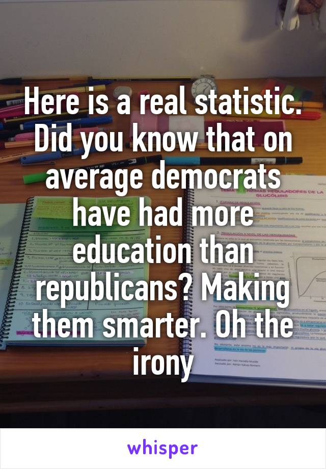 Here is a real statistic. Did you know that on average democrats have had more education than republicans? Making them smarter. Oh the irony