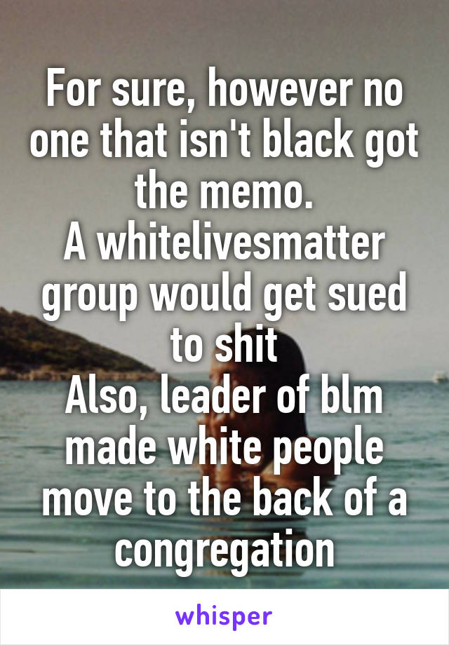 For sure, however no one that isn't black got the memo.
A whitelivesmatter group would get sued to shit
Also, leader of blm made white people move to the back of a congregation
