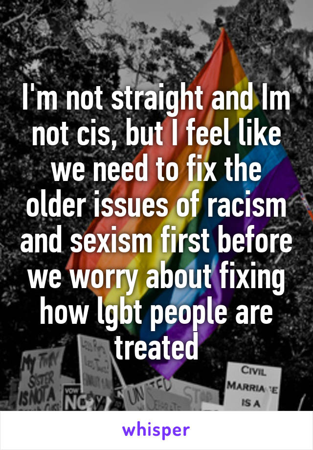 I'm not straight and Im not cis, but I feel like we need to fix the older issues of racism and sexism first before we worry about fixing how lgbt people are treated