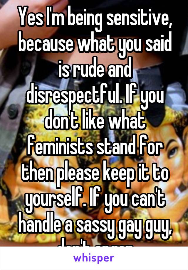 Yes I'm being sensitive, because what you said is rude and disrespectful. If you don't like what feminists stand for then please keep it to yourself. If you can't handle a sassy gay guy, don't anger