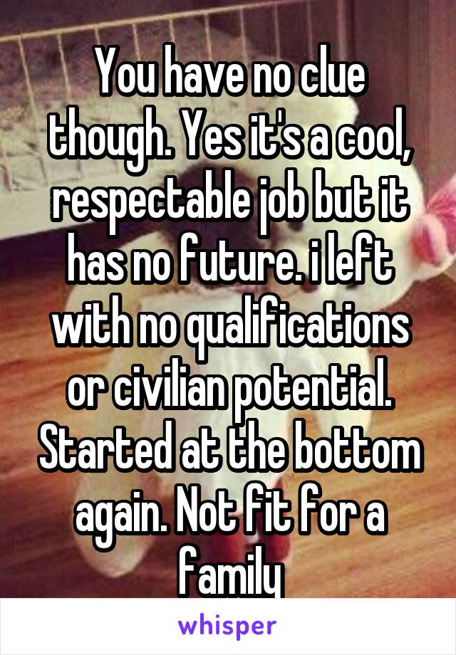 You have no clue though. Yes it's a cool, respectable job but it has no future. i left with no qualifications or civilian potential. Started at the bottom again. Not fit for a family