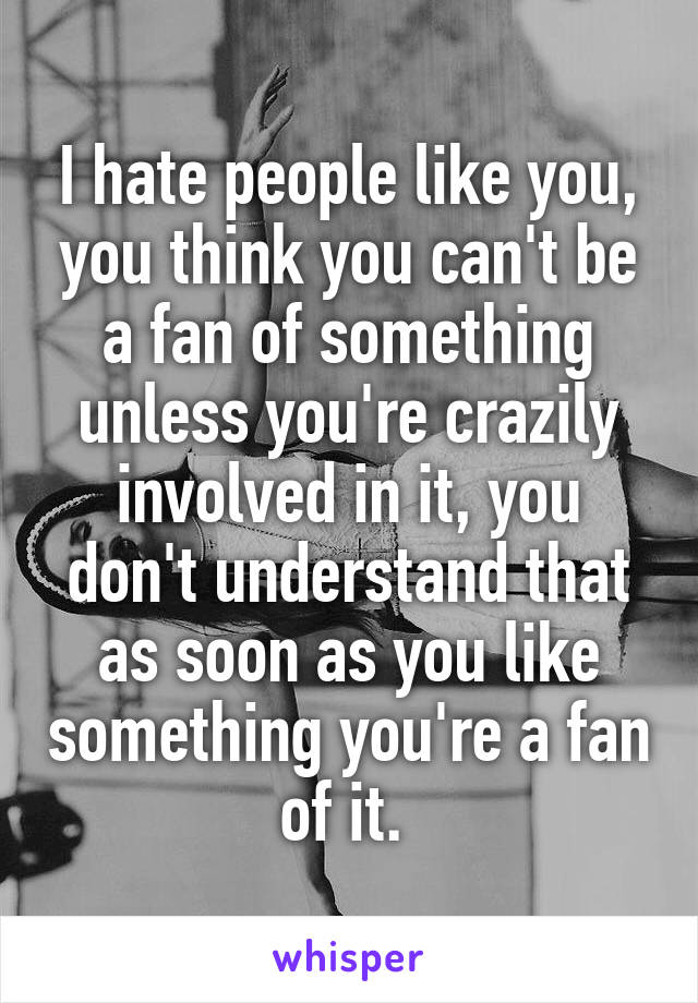 I hate people like you, you think you can't be a fan of something unless you're crazily involved in it, you don't understand that as soon as you like something you're a fan of it. 