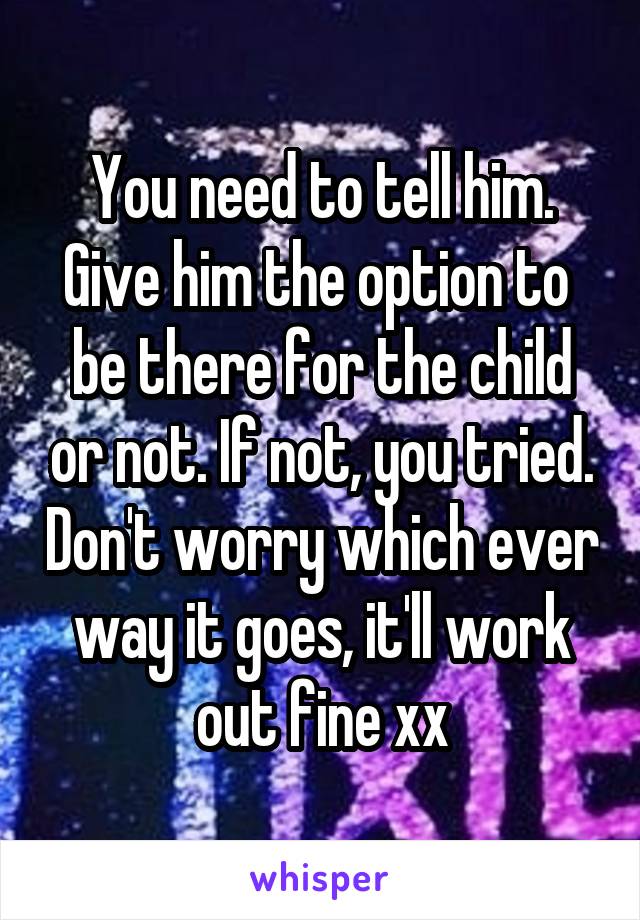 You need to tell him. Give him the option to  be there for the child or not. If not, you tried. Don't worry which ever way it goes, it'll work out fine xx