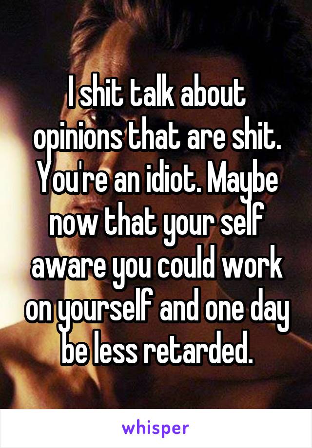 I shit talk about opinions that are shit. You're an idiot. Maybe now that your self aware you could work on yourself and one day be less retarded.