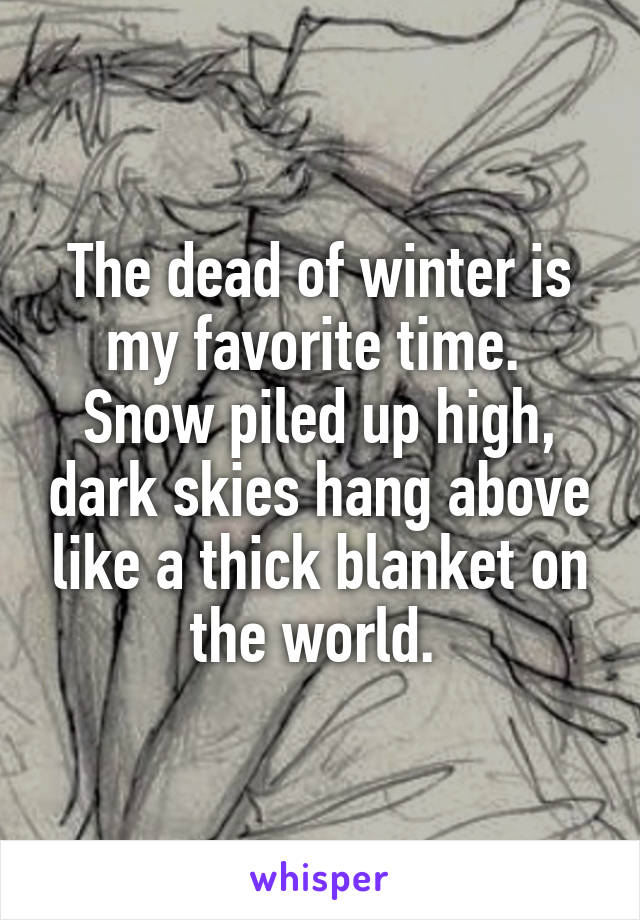 The dead of winter is my favorite time. 
Snow piled up high, dark skies hang above like a thick blanket on the world. 