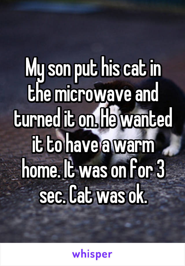 My son put his cat in the microwave and turned it on. He wanted it to have a warm home. It was on for 3 sec. Cat was ok.