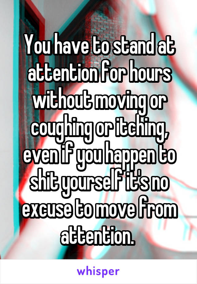 You have to stand at attention for hours without moving or coughing or itching, even if you happen to shit yourself it's no excuse to move from attention. 