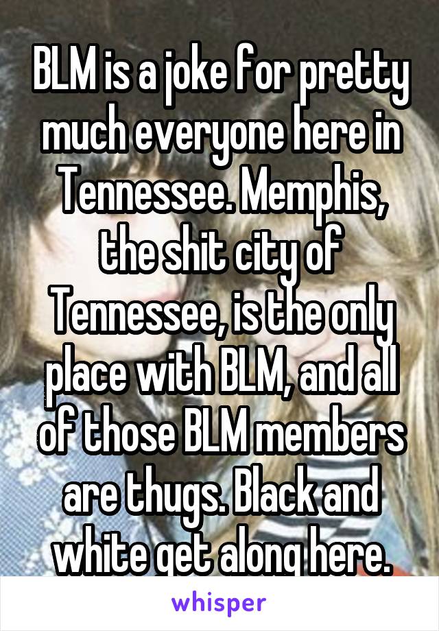 BLM is a joke for pretty much everyone here in Tennessee. Memphis, the shit city of Tennessee, is the only place with BLM, and all of those BLM members are thugs. Black and white get along here.