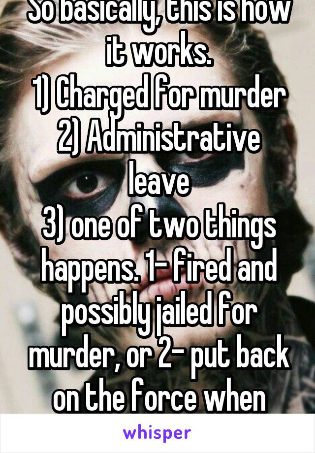 So basically, this is how it works.
1) Charged for murder
2) Administrative leave
3) one of two things happens. 1- fired and possibly jailed for murder, or 2- put back on the force when innocent.