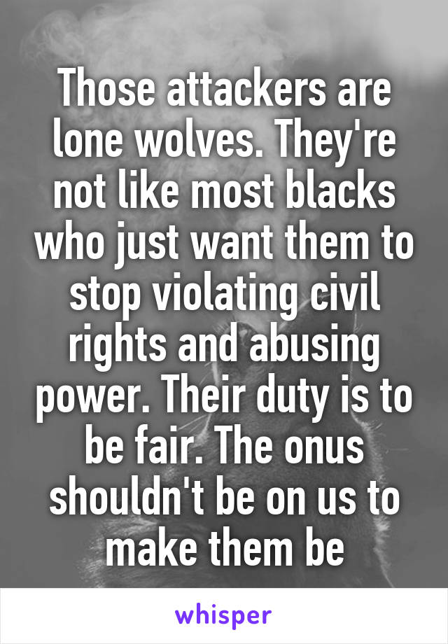 Those attackers are lone wolves. They're not like most blacks who just want them to stop violating civil rights and abusing power. Their duty is to be fair. The onus shouldn't be on us to make them be