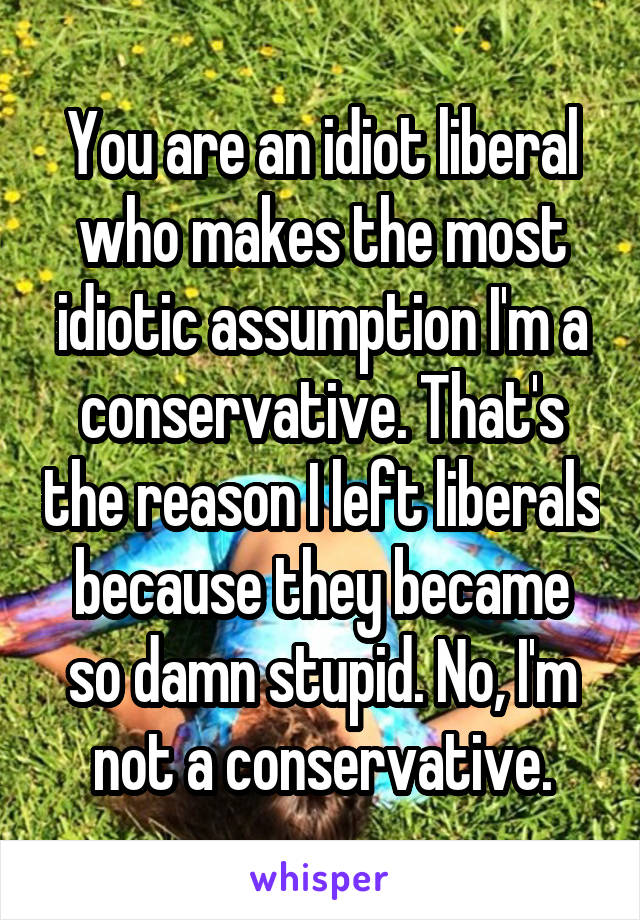 You are an idiot liberal who makes the most idiotic assumption I'm a conservative. That's the reason I left liberals because they became so damn stupid. No, I'm not a conservative.