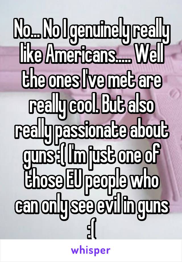 No... No I genuinely really like Americans..... Well the ones I've met are really cool. But also really passionate about guns :( I'm just one of those EU people who can only see evil in guns :(