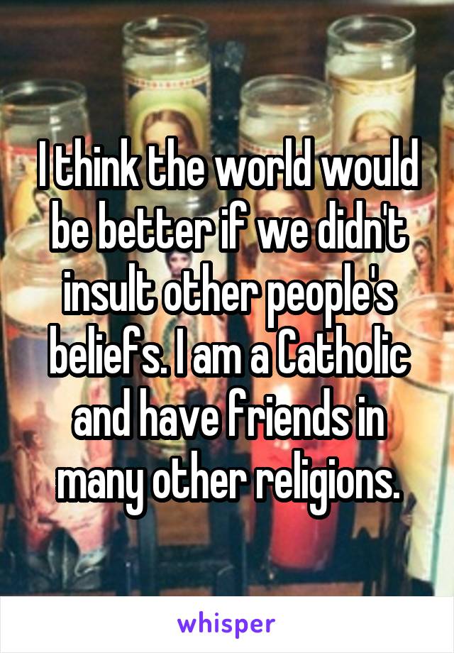 I think the world would be better if we didn't insult other people's beliefs. I am a Catholic and have friends in many other religions.