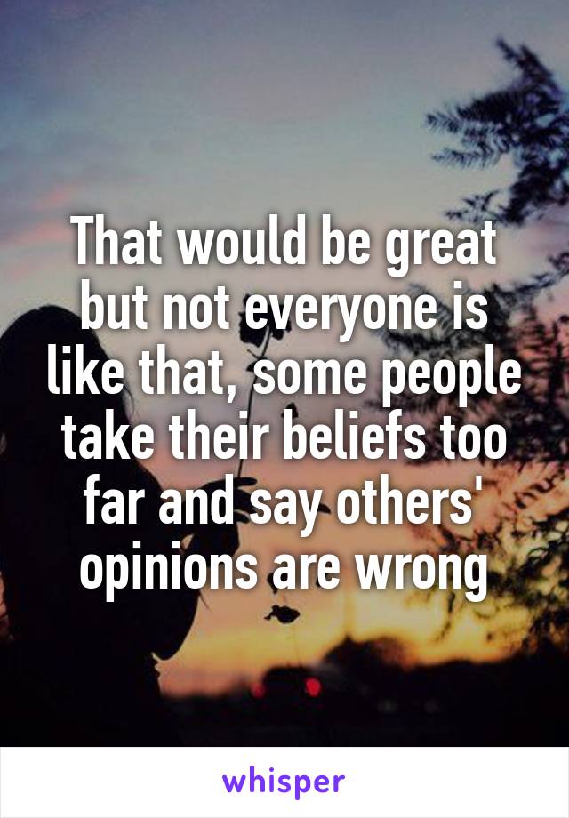 That would be great but not everyone is like that, some people take their beliefs too far and say others' opinions are wrong