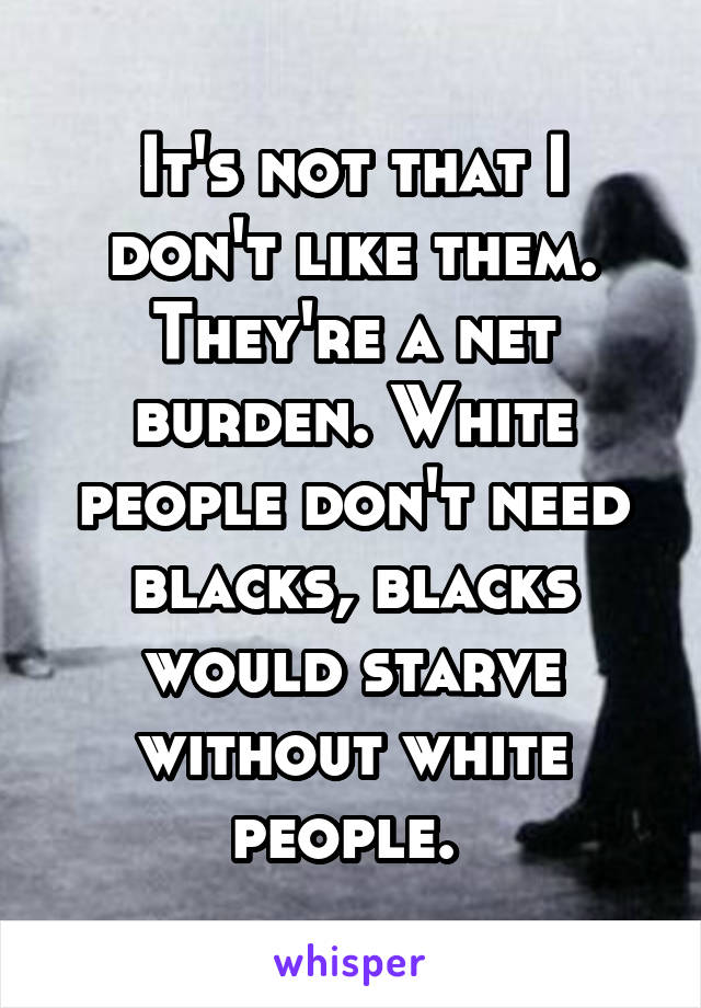 It's not that I don't like them. They're a net burden. White people don't need blacks, blacks would starve without white people. 