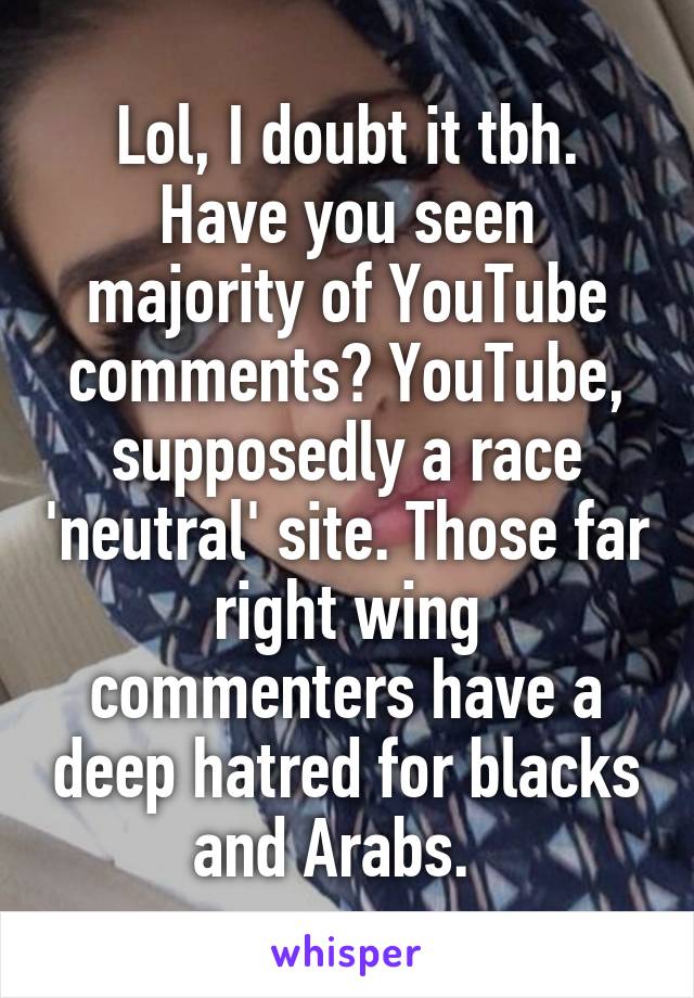 Lol, I doubt it tbh. Have you seen majority of YouTube comments? YouTube, supposedly a race 'neutral' site. Those far right wing commenters have a deep hatred for blacks and Arabs.  