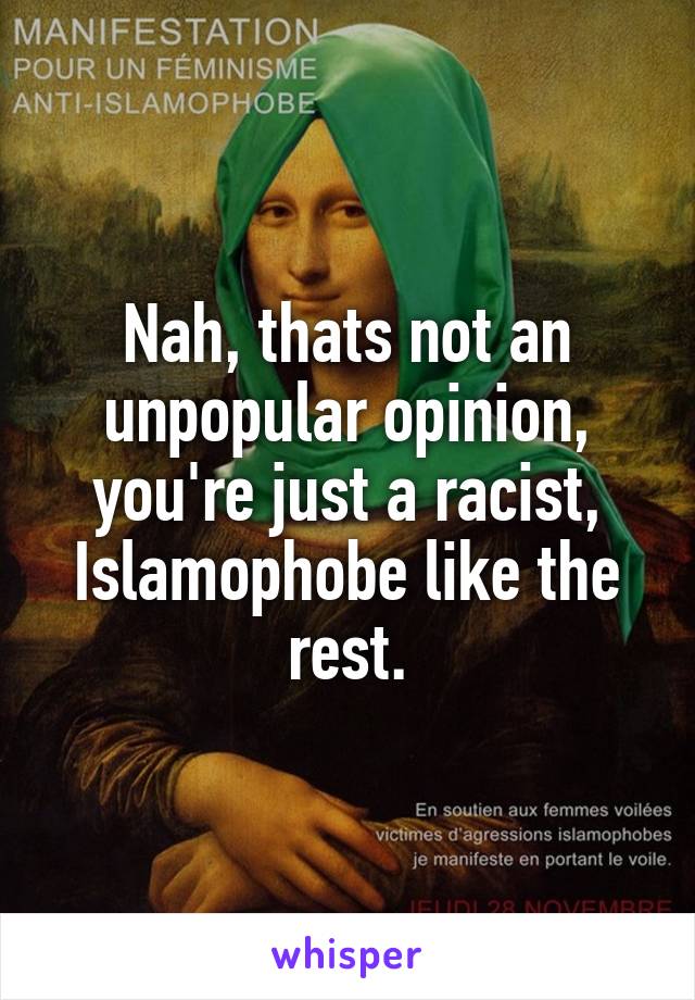 Nah, thats not an unpopular opinion, you're just a racist, Islamophobe like the rest.