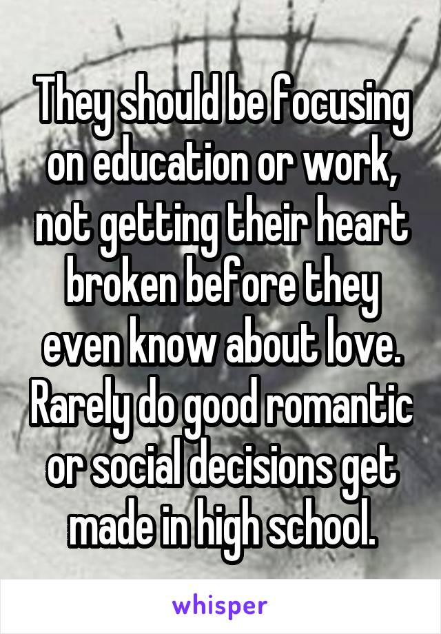 They should be focusing on education or work, not getting their heart broken before they even know about love. Rarely do good romantic or social decisions get made in high school.