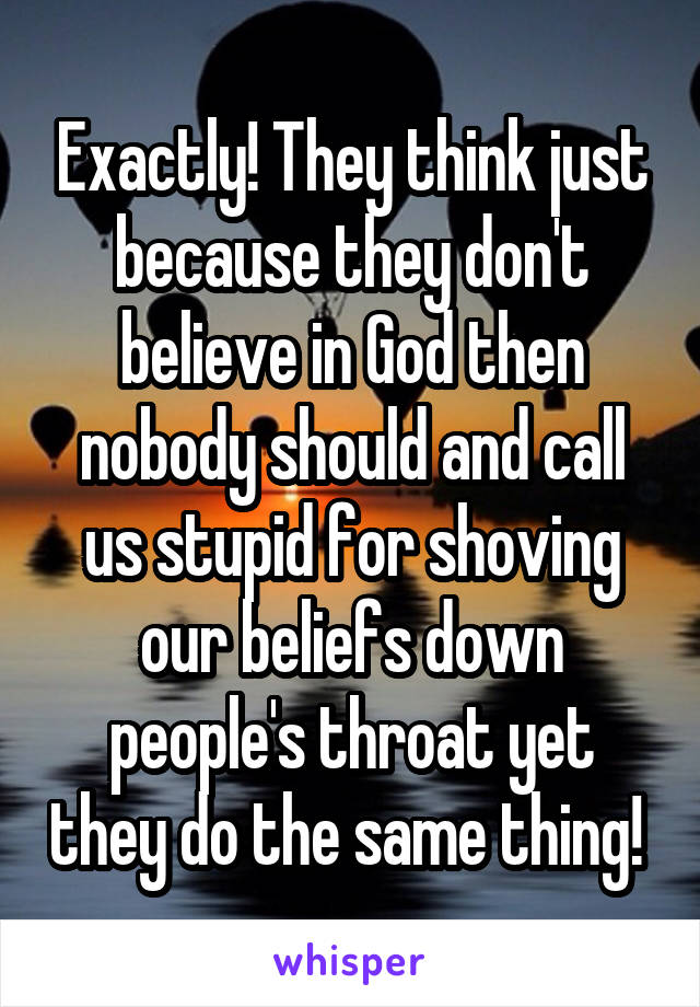 Exactly! They think just because they don't believe in God then nobody should and call us stupid for shoving our beliefs down people's throat yet they do the same thing! 
