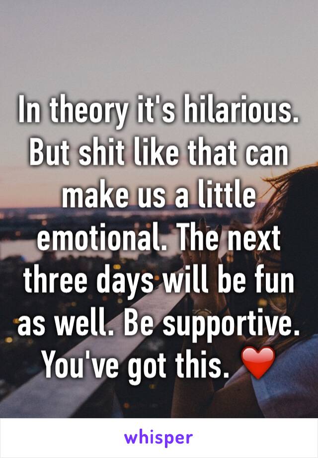 In theory it's hilarious. But shit like that can make us a little emotional. The next three days will be fun as well. Be supportive. You've got this. ❤️