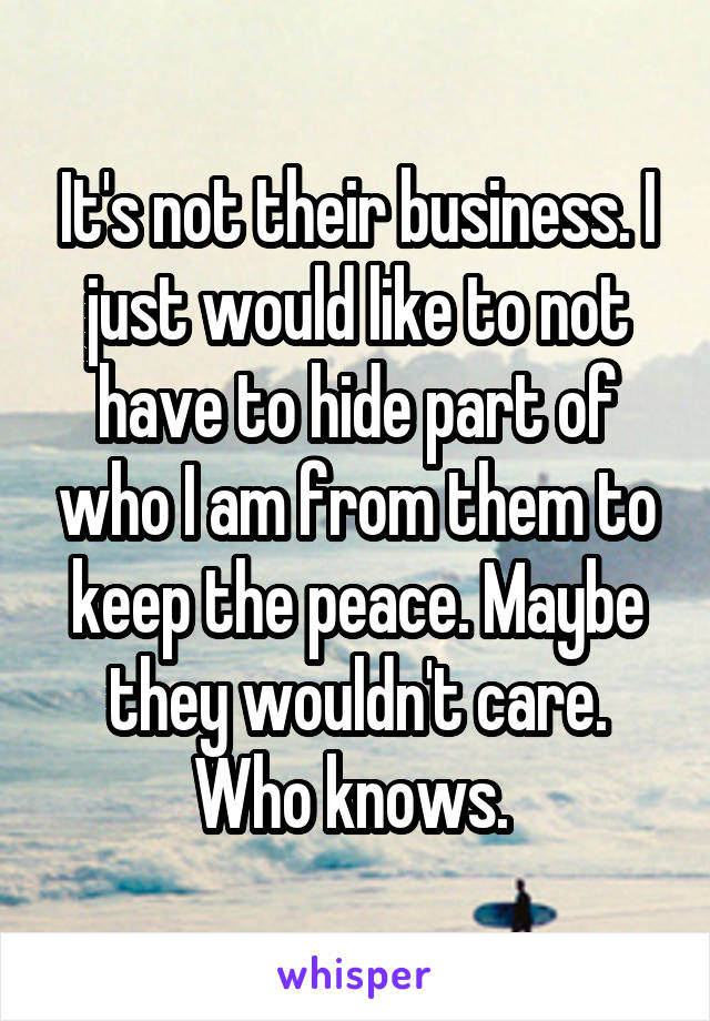 It's not their business. I just would like to not have to hide part of who I am from them to keep the peace. Maybe they wouldn't care. Who knows. 