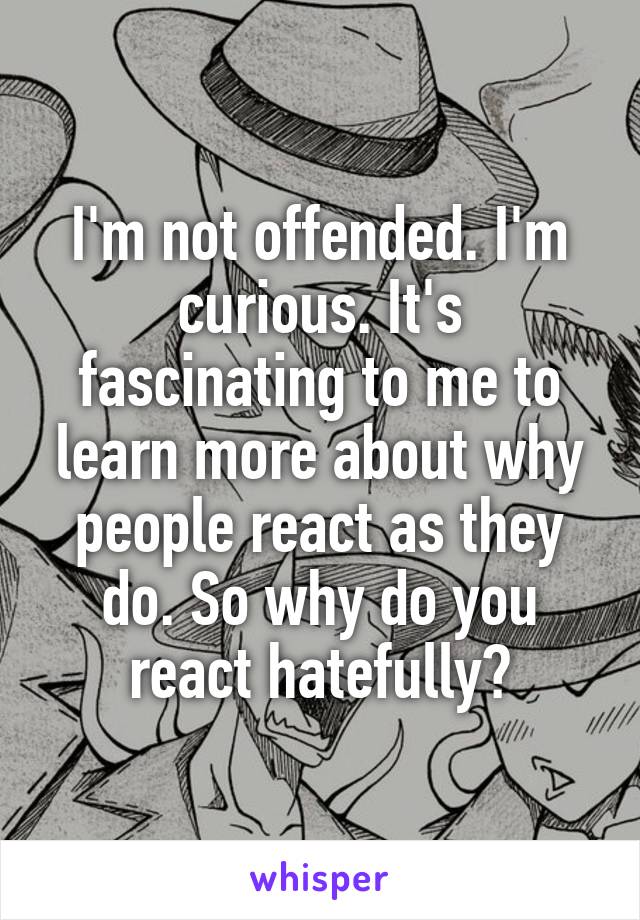 I'm not offended. I'm curious. It's fascinating to me to learn more about why people react as they do. So why do you react hatefully?