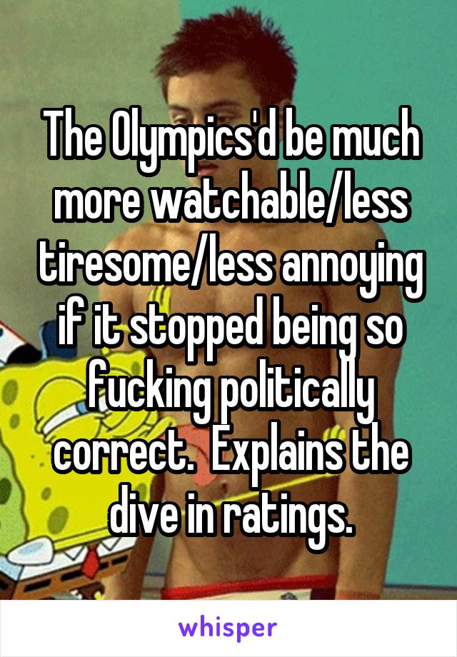 The Olympics'd be much more watchable/less tiresome/less annoying if it stopped being so fucking politically correct.  Explains the dive in ratings.