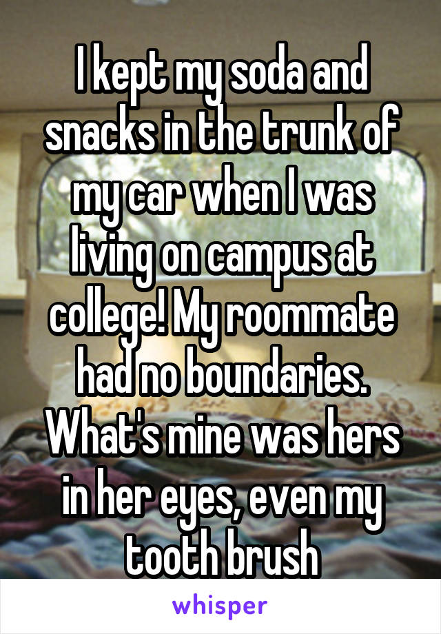 I kept my soda and snacks in the trunk of my car when I was living on campus at college! My roommate had no boundaries. What's mine was hers in her eyes, even my tooth brush