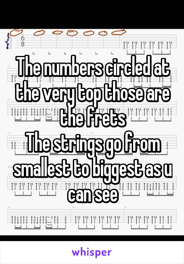 The numbers circled at the very top those are the frets
The strings go from smallest to biggest as u can see