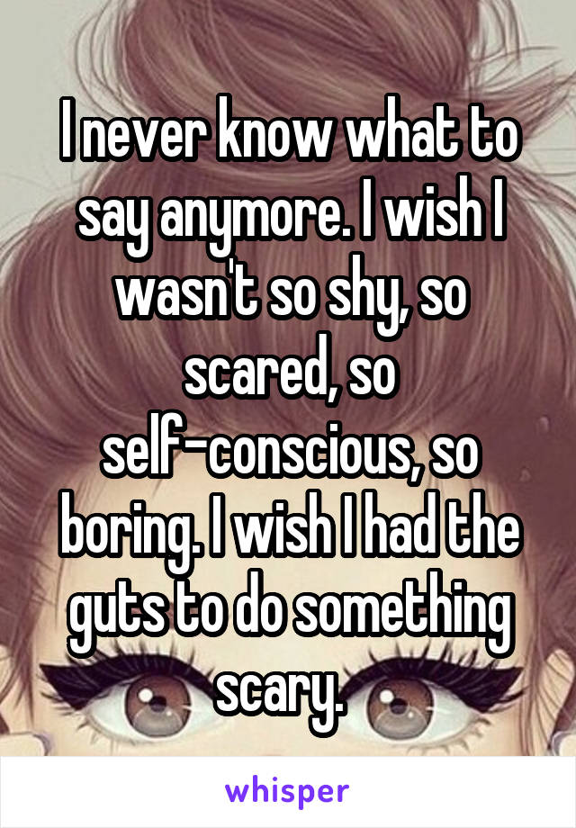 I never know what to say anymore. I wish I wasn't so shy, so scared, so self-conscious, so boring. I wish I had the guts to do something scary.  