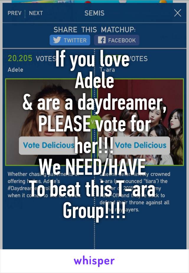 If you love 
Adele
& are a daydreamer,
PLEASE vote for her!!!
We NEED/HAVE 
To beat this T-ara 
Group!!!!