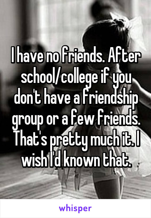 I have no friends. After school/college if you don't have a friendship group or a few friends. That's pretty much it. I wish I'd known that.