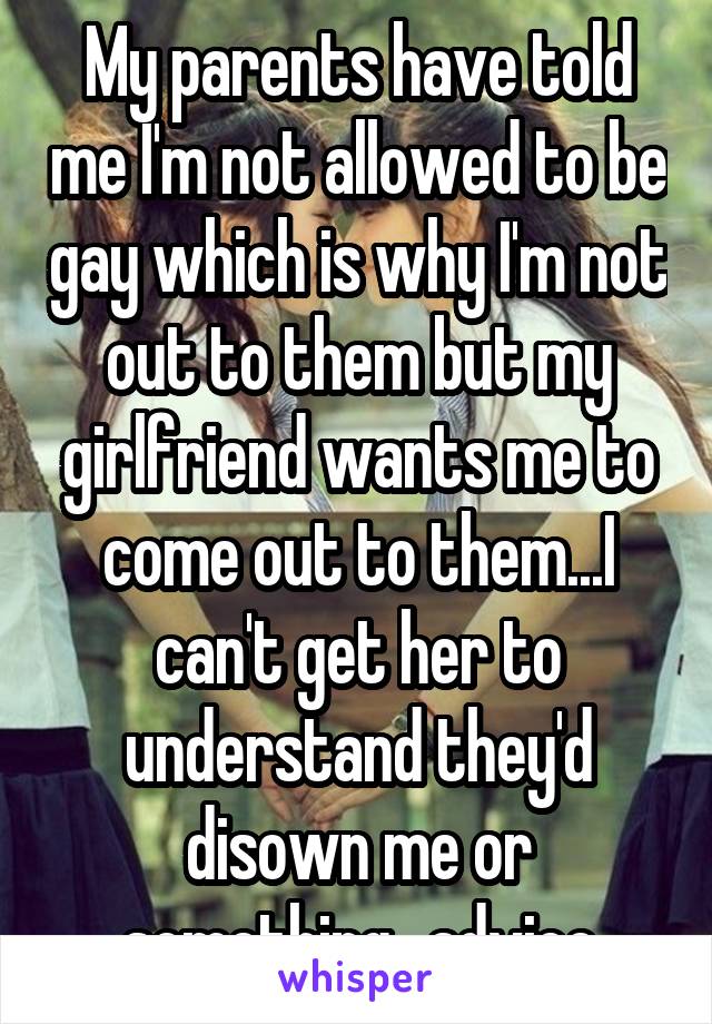 My parents have told me I'm not allowed to be gay which is why I'm not out to them but my girlfriend wants me to come out to them...I can't get her to understand they'd disown me or something...advice