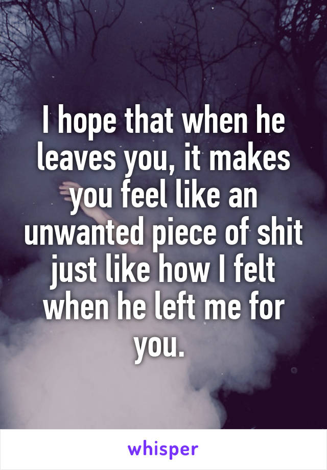 I hope that when he leaves you, it makes you feel like an unwanted piece of shit just like how I felt when he left me for you. 