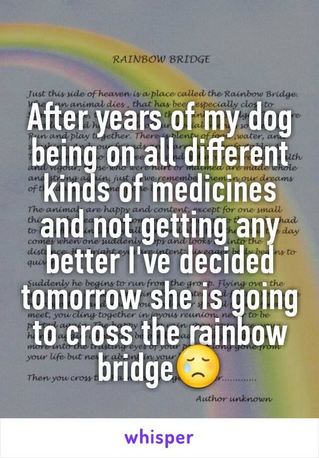 After years of my dog being on all different kinds of medicines and not getting any better I've decided tomorrow she is going to cross the rainbow bridge😢