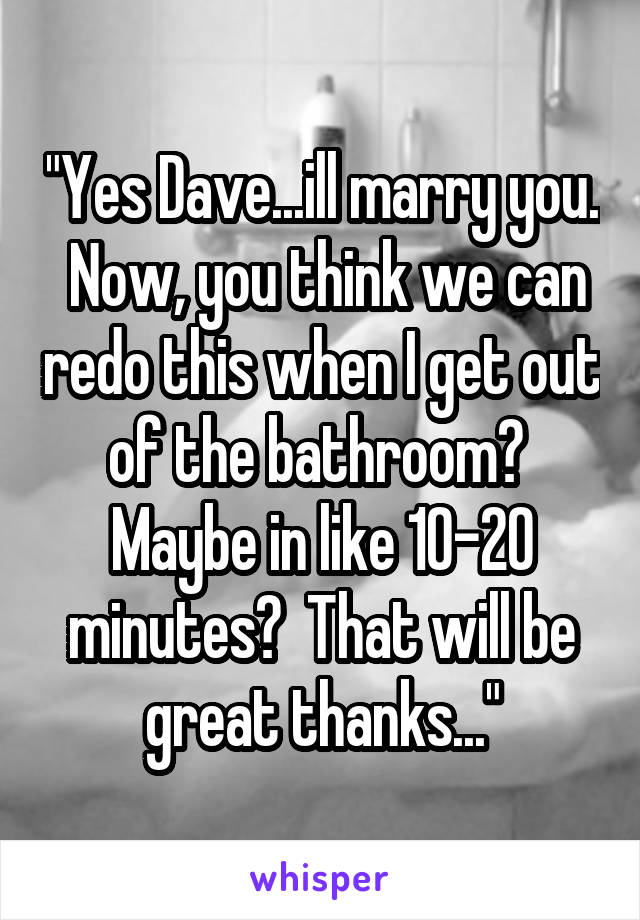 "Yes Dave...ill marry you.  Now, you think we can redo this when I get out of the bathroom?  Maybe in like 10-20 minutes?  That will be great thanks..."