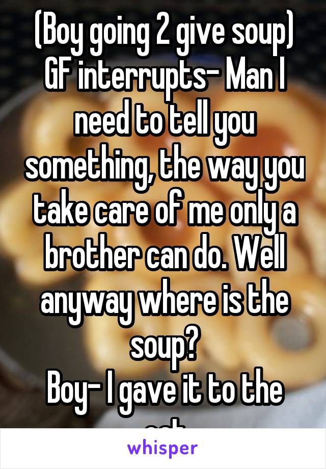 (Boy going 2 give soup)
GF interrupts- Man I need to tell you something, the way you take care of me only a brother can do. Well anyway where is the soup?
Boy- I gave it to the cat
