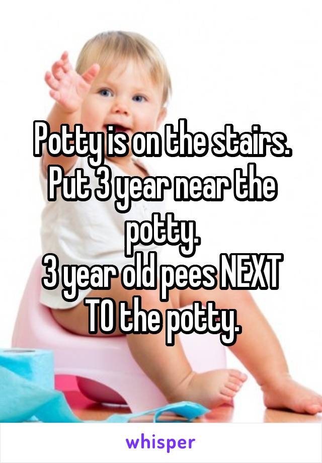 Potty is on the stairs.
Put 3 year near the potty.
3 year old pees NEXT TO the potty.