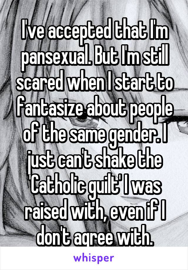 I've accepted that I'm pansexual. But I'm still scared when I start to fantasize about people of the same gender. I just can't shake the 'Catholic guilt' I was raised with, even if I don't agree with.