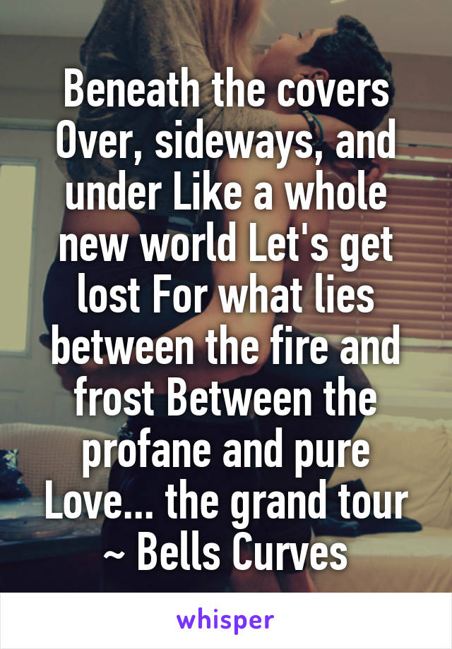 Beneath the covers Over, sideways, and under Like a whole new world Let's get lost For what lies between the fire and frost Between the profane and pure Love... the grand tour ~ Bells Curves