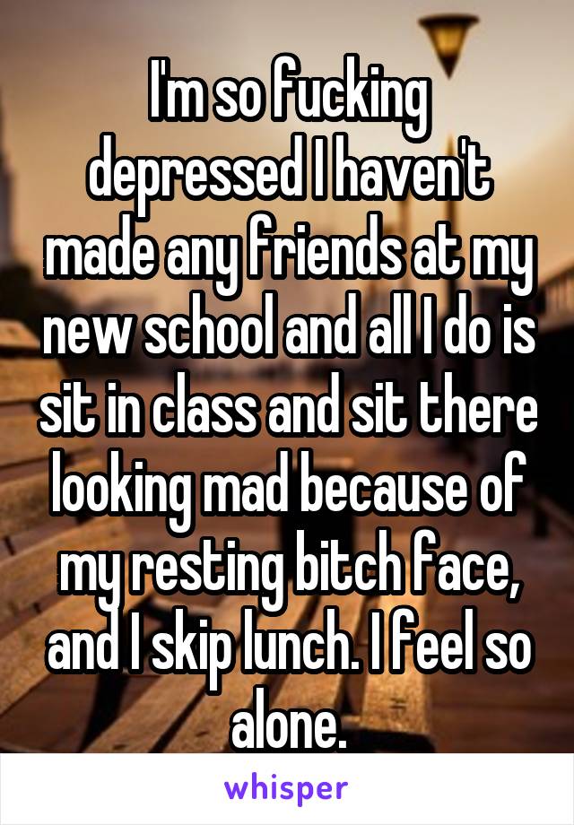 I'm so fucking depressed I haven't made any friends at my new school and all I do is sit in class and sit there looking mad because of my resting bitch face, and I skip lunch. I feel so alone.