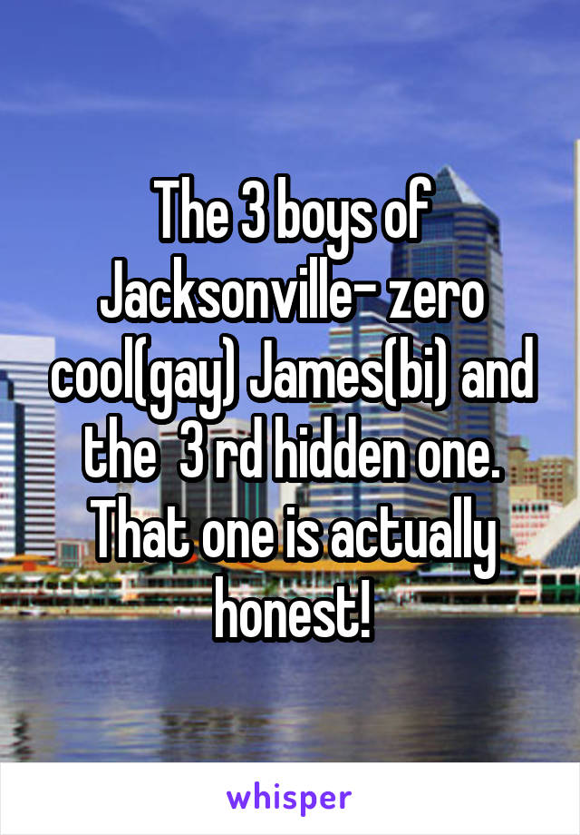 The 3 boys of Jacksonville- zero cool(gay) James(bi) and the  3 rd hidden one. That one is actually honest!