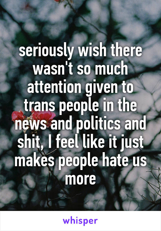 seriously wish there wasn't so much attention given to trans people in the news and politics and shit, I feel like it just makes people hate us more