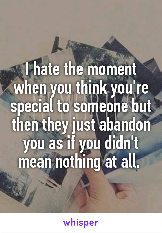 I hate the moment when you think you're special to someone but then they just abandon you as if you didn't mean nothing at all. 