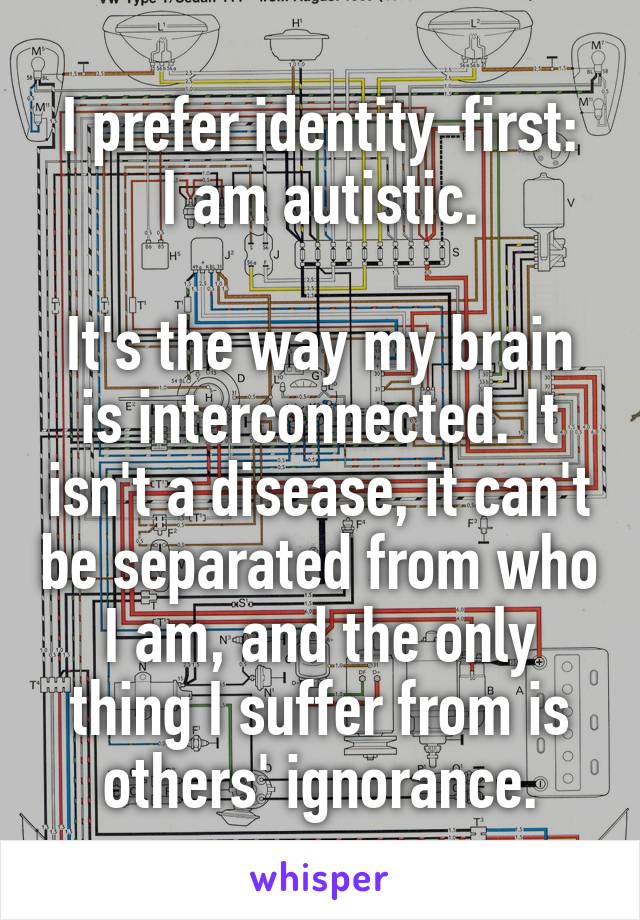 I prefer identity-first:
I am autistic.

It's the way my brain is interconnected. It isn't a disease, it can't be separated from who I am, and the only thing I suffer from is others' ignorance.