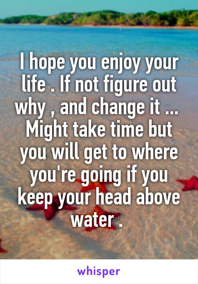 I hope you enjoy your life . If not figure out why , and change it ... 
Might take time but you will get to where you're going if you keep your head above water . 