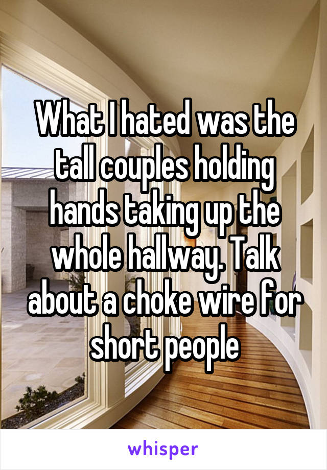 What I hated was the tall couples holding hands taking up the whole hallway. Talk about a choke wire for short people