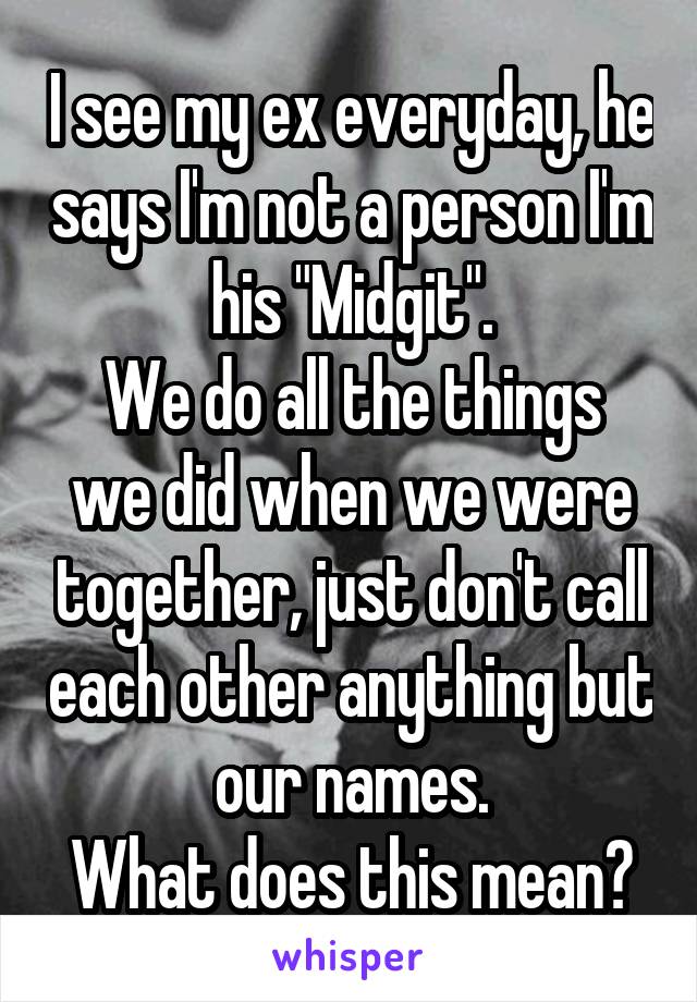 I see my ex everyday, he says I'm not a person I'm his "Midgit".
We do all the things we did when we were together, just don't call each other anything but our names.
What does this mean?