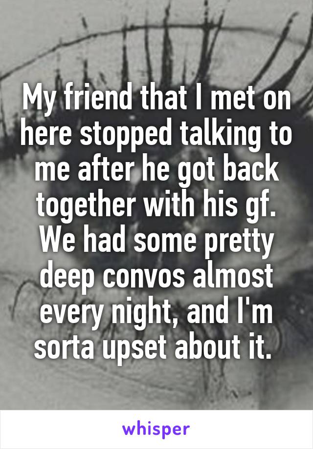 My friend that I met on here stopped talking to me after he got back together with his gf. We had some pretty deep convos almost every night, and I'm sorta upset about it. 